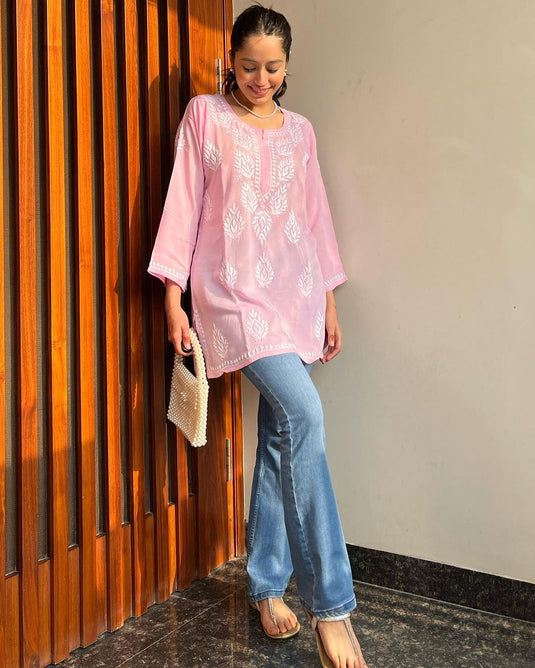 Rayon With Chikankari Embroidery Work Short Kurti