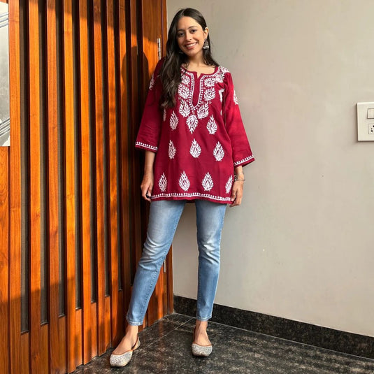 Rayon With Chikankari Embroidery Work Short Kurti