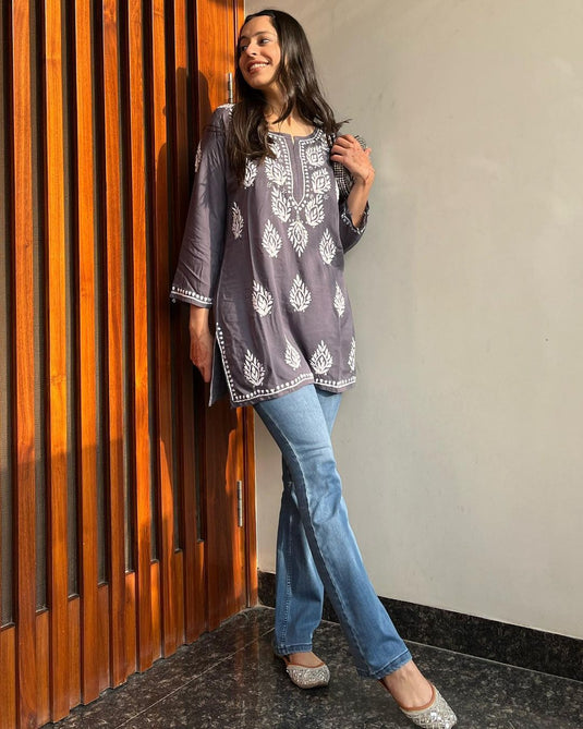 Rayon With Chikankari Embroidery Work Short Kurti