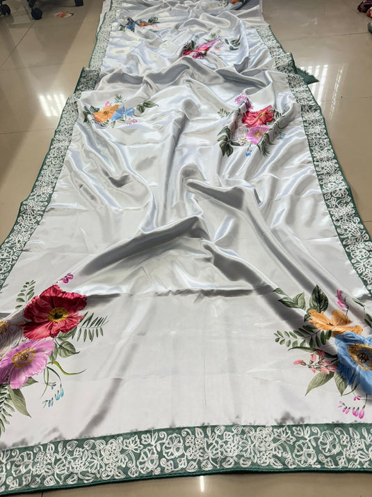 Madhuri Dixit Replica Satin Silk Saree With Blouse Piece