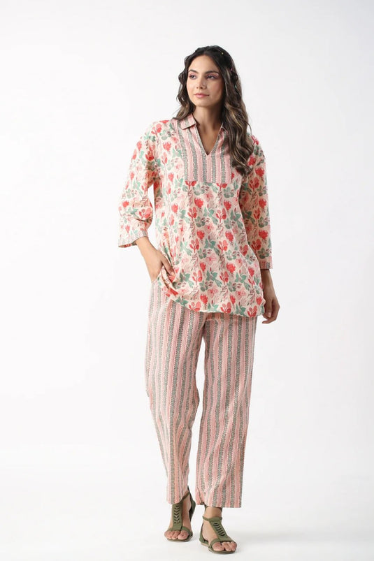 Chic Pink Flower Printed Cotton Co Ord Sets - thevendorvilla