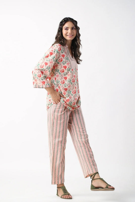 Chic Pink Flower Printed Cotton Co Ord Sets - thevendorvilla
