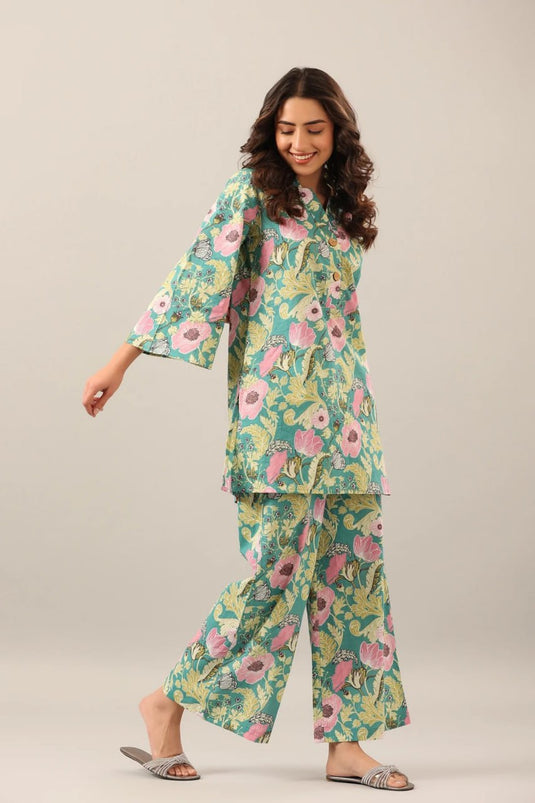 Light Turquoise Printed Cotton Bland Co-ord Set - thevendorvilla