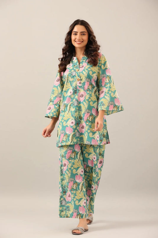 Light Turquoise Printed Cotton Bland Co-ord Set - thevendorvilla