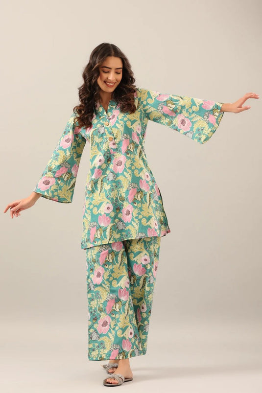 Light Turquoise Printed Cotton Bland Co-ord Set - thevendorvilla