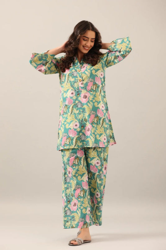 Light Turquoise Printed Cotton Bland Co-ord Set - thevendorvilla