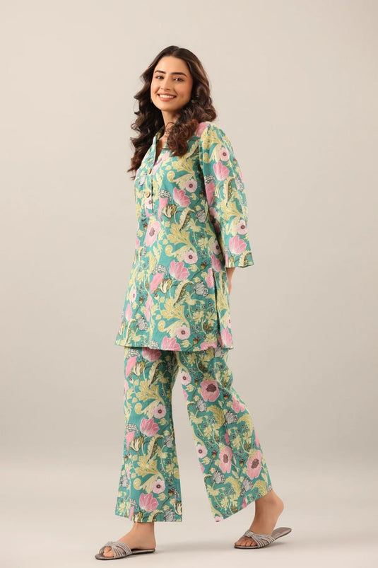 Light Turquoise Printed Cotton Bland Co-ord Set - thevendorvilla