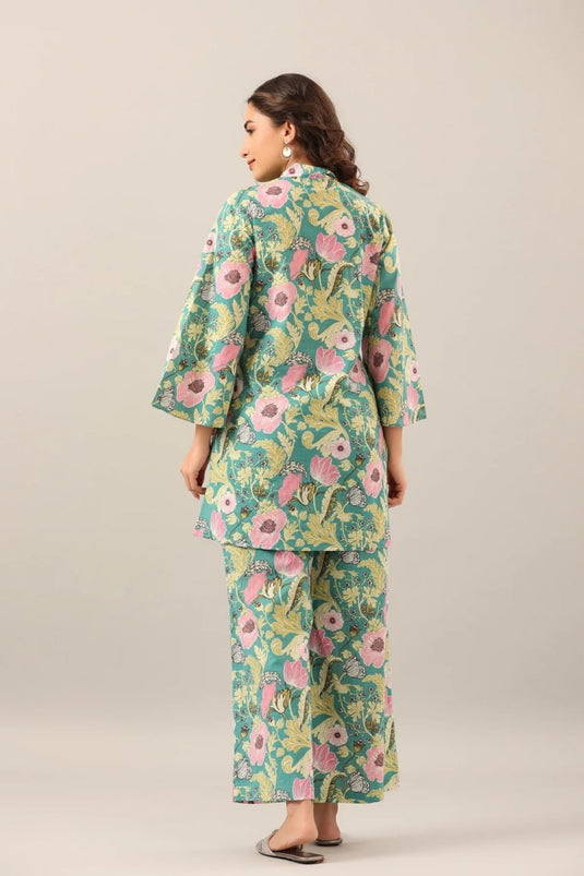 Light Turquoise Printed Cotton Bland Co-ord Set - thevendorvilla