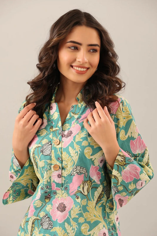 Light Turquoise Printed Cotton Bland Co-ord Set - thevendorvilla
