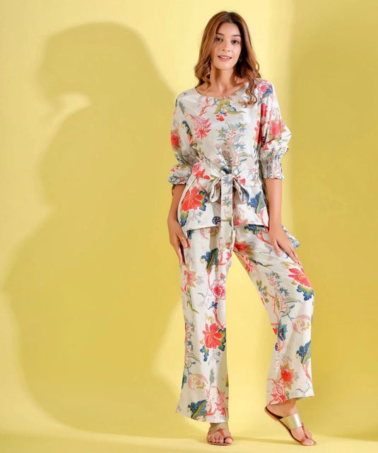 Floral Printed Readymade Off White Co-Ord Set - thevendorvilla