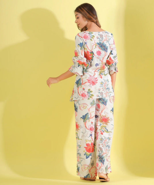 Floral Printed Readymade Off White Co-Ord Set - thevendorvilla