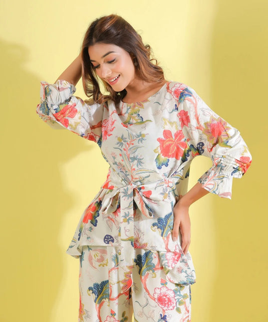 Floral Printed Readymade Off White Co-Ord Set - thevendorvilla