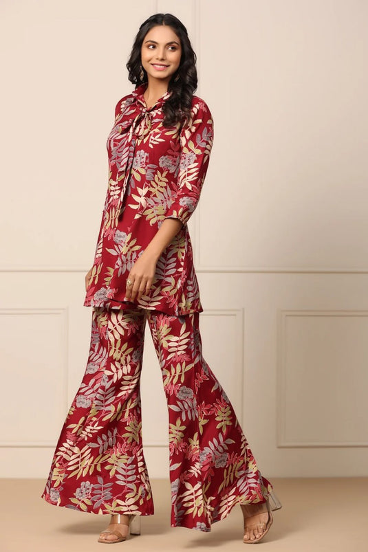 Women Maroon Shirt Collar Kurta Sharara Set - thevendorvilla