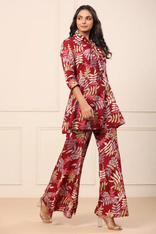 Women Maroon Shirt Collar Kurta Sharara Set - thevendorvilla