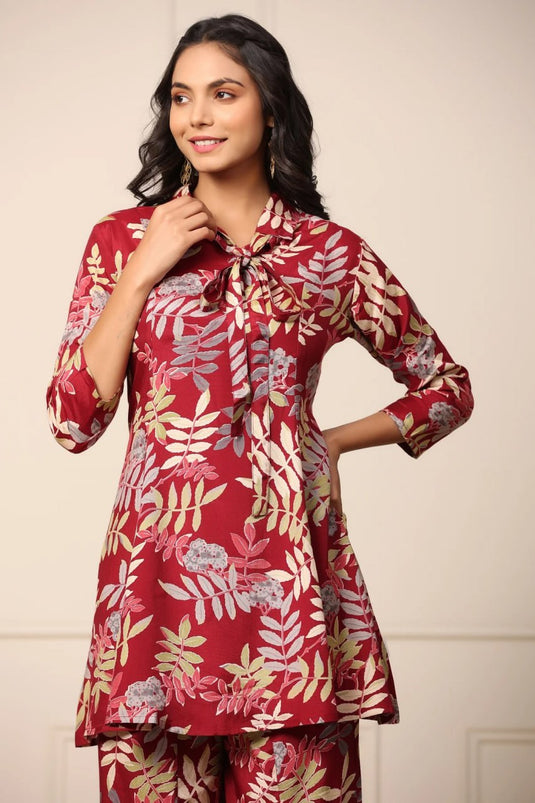 Women Maroon Shirt Collar Kurta Sharara Set - thevendorvilla