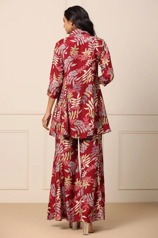 Women Maroon Shirt Collar Kurta Sharara Set - thevendorvilla