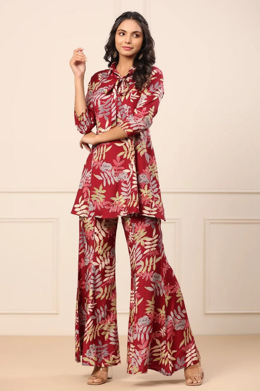 Women Maroon Shirt Collar Kurta Sharara Set - thevendorvilla