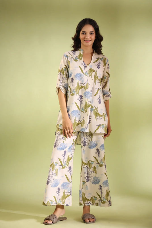 Off White Printed Cotton Top and Plazzo Set - thevendorvilla