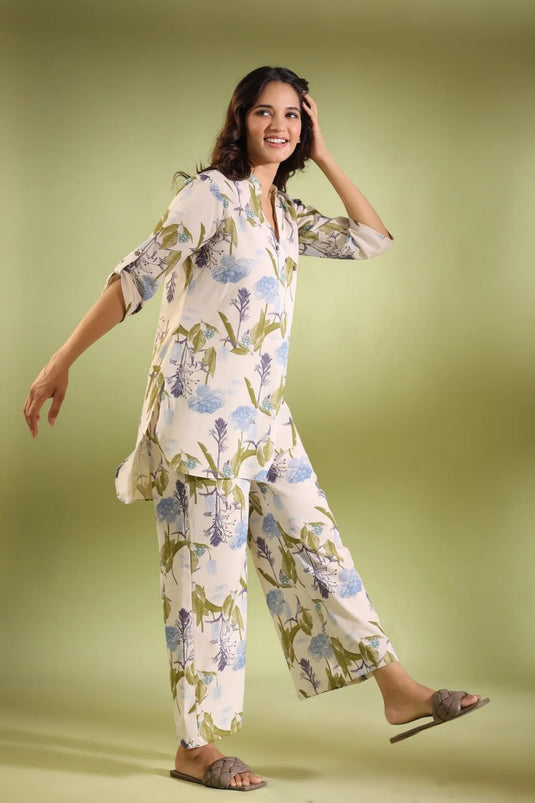 Off White Printed Cotton Top and Plazzo Set - thevendorvilla