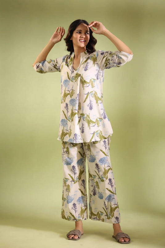 Off White Printed Cotton Top and Plazzo Set - thevendorvilla