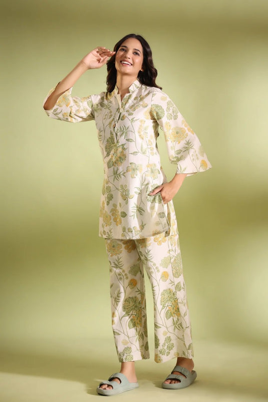 Cotton Bland Off White Printed Cotton Top and Plazzo Set - thevendorvilla