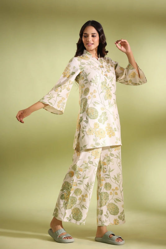Cotton Bland Off White Printed Cotton Top and Plazzo Set - thevendorvilla