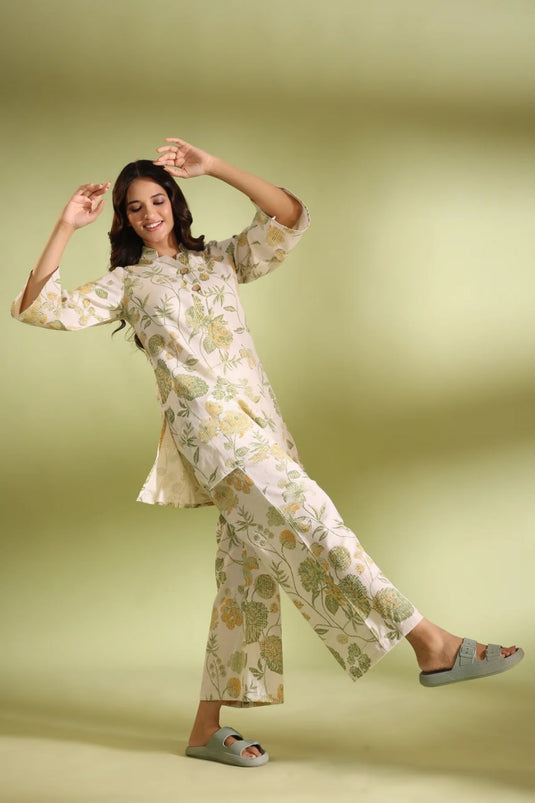 Cotton Bland Off White Printed Cotton Top and Plazzo Set - thevendorvilla