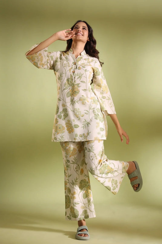Cotton Bland Off White Printed Cotton Top and Plazzo Set - thevendorvilla