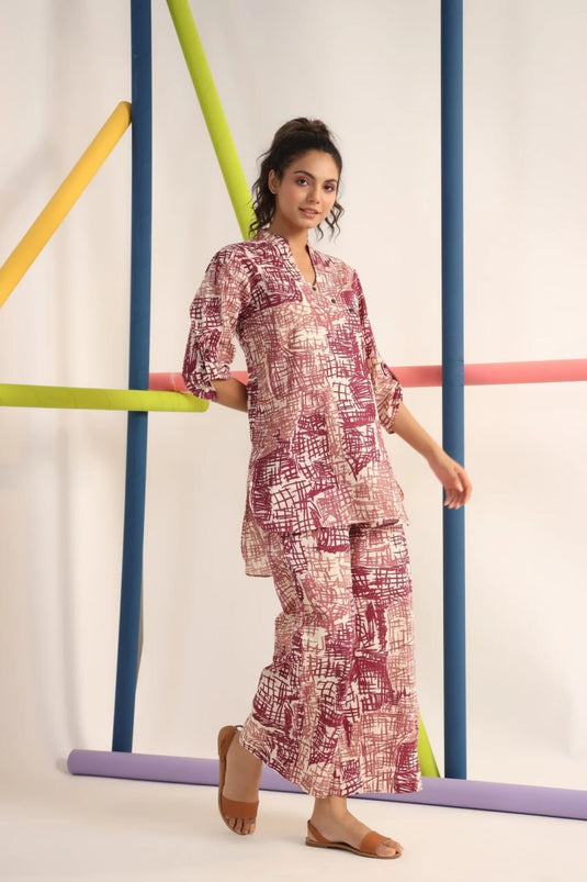 Scribble Mauve Color Cotton Printed Co-Ord Set - thevendorvilla