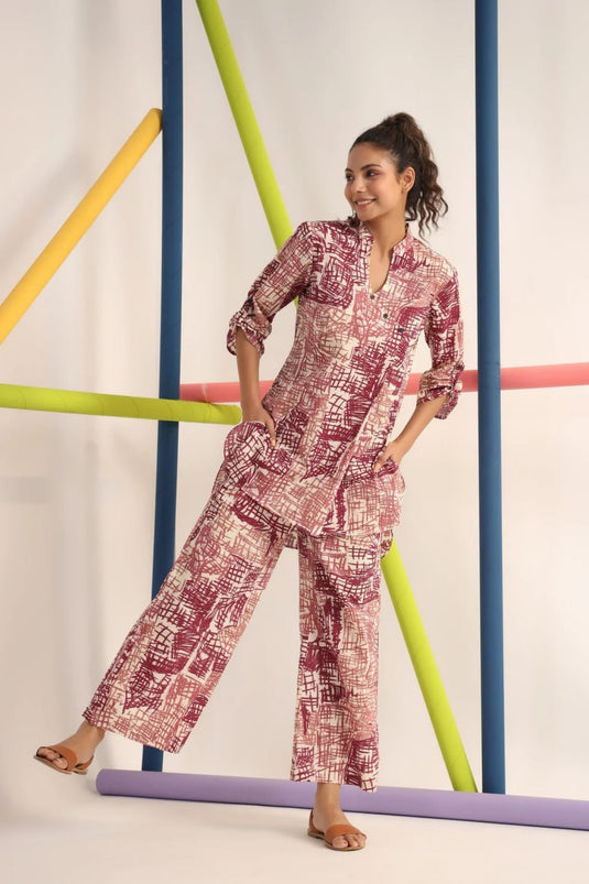 Scribble Mauve Color Cotton Printed Co-Ord Set - thevendorvilla