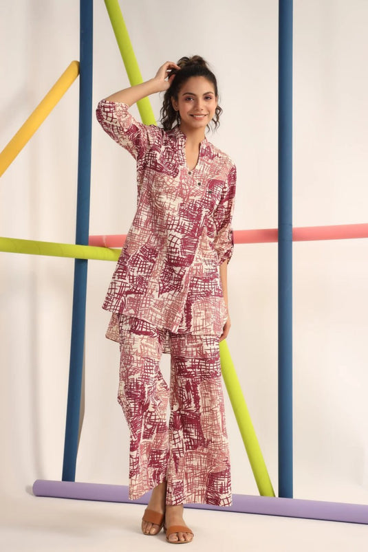 Scribble Mauve Color Cotton Printed Co-Ord Set - thevendorvilla