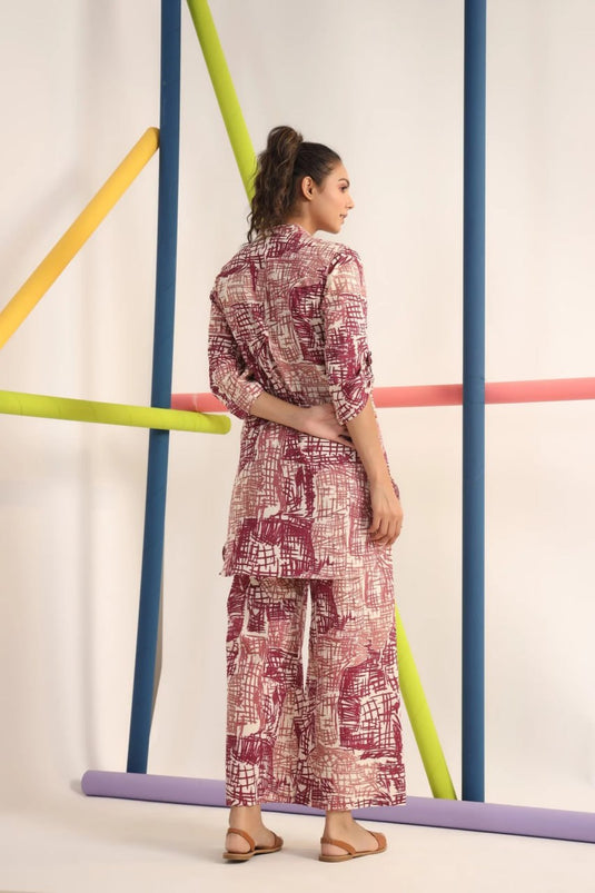 Scribble Mauve Color Cotton Printed Co-Ord Set - thevendorvilla