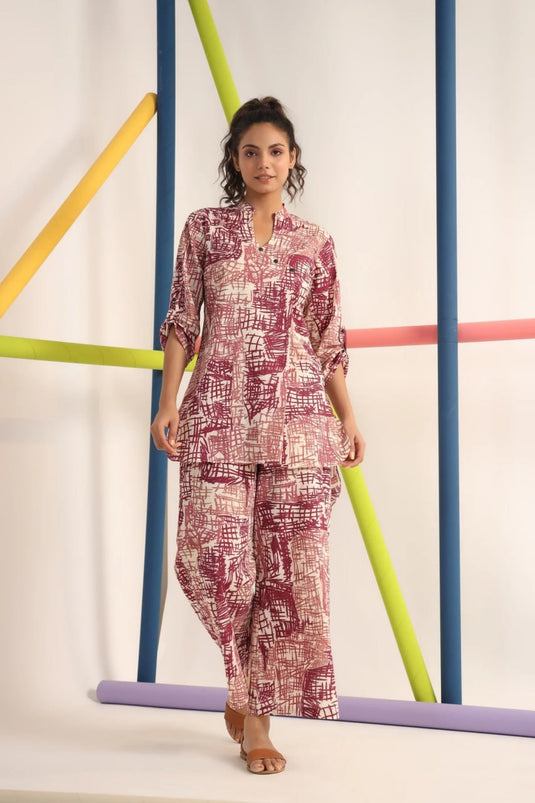 Scribble Mauve Color Cotton Printed Co-Ord Set - thevendorvilla