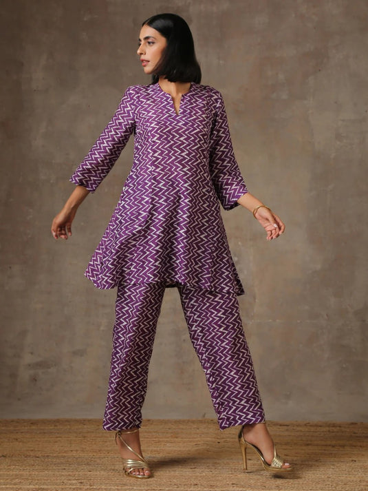 Purple White Lehariya Printed Silk Co-Ord Set - thevendorvilla