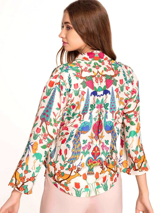 Peacock Cinched Floral Print Shirt - thevendorvilla