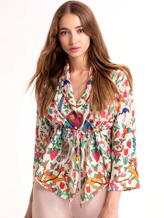 Peacock Cinched Floral Print Shirt - thevendorvilla