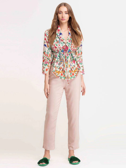Peacock Cinched Floral Print Shirt - thevendorvilla