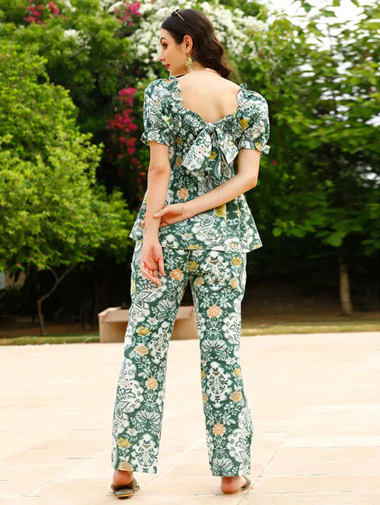 Green Cotton Printed Casual Cord Set - thevendorvilla