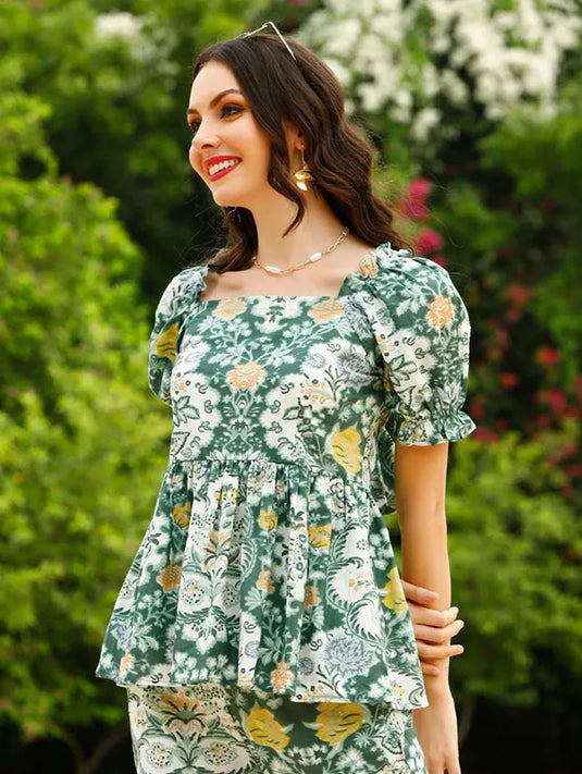 Green Cotton Printed Casual Cord Set - thevendorvilla