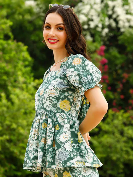 Green Cotton Printed Casual Cord Set - thevendorvilla